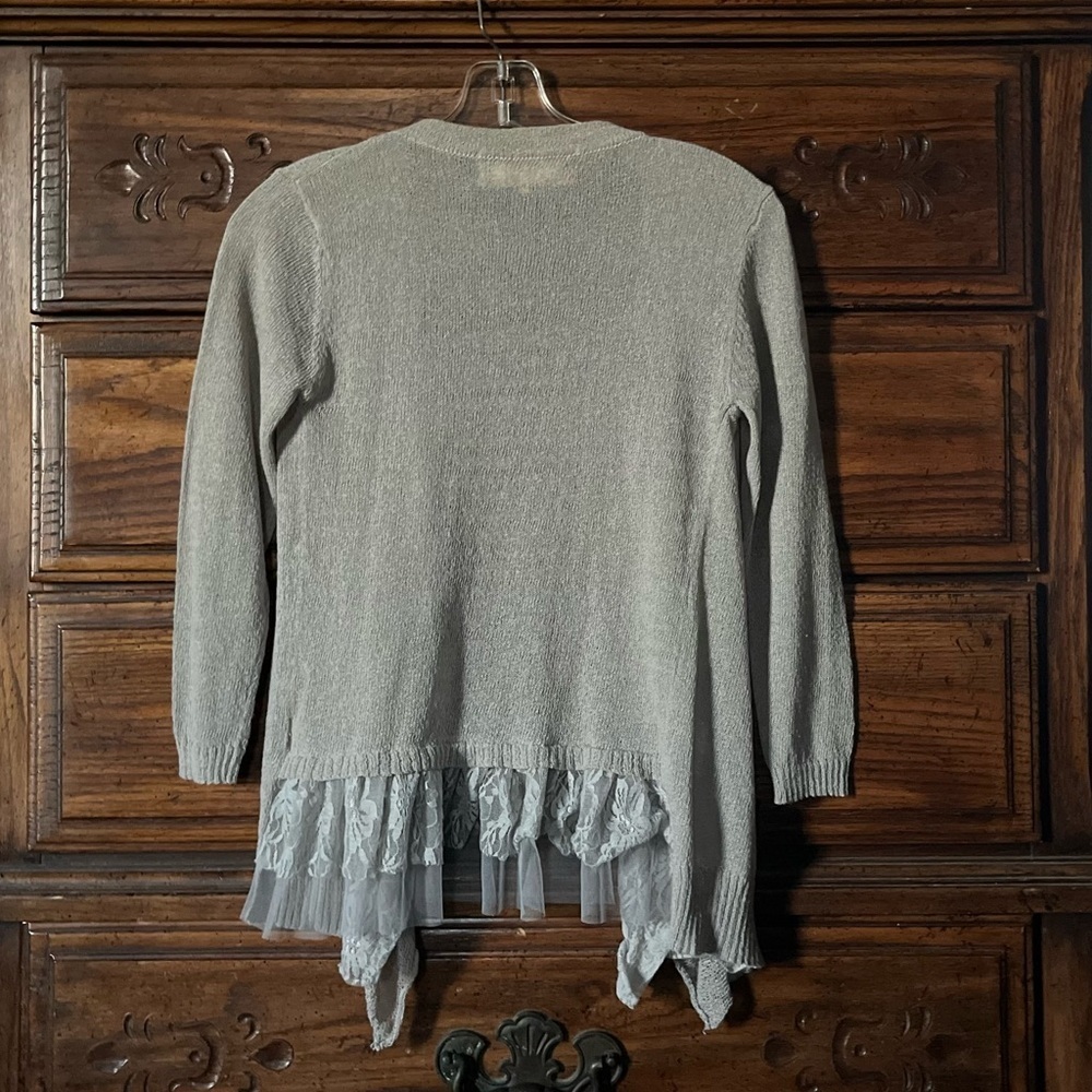 A'Reve Light Gray Ruffle and Lace Cardigan - Picture 4 of 9